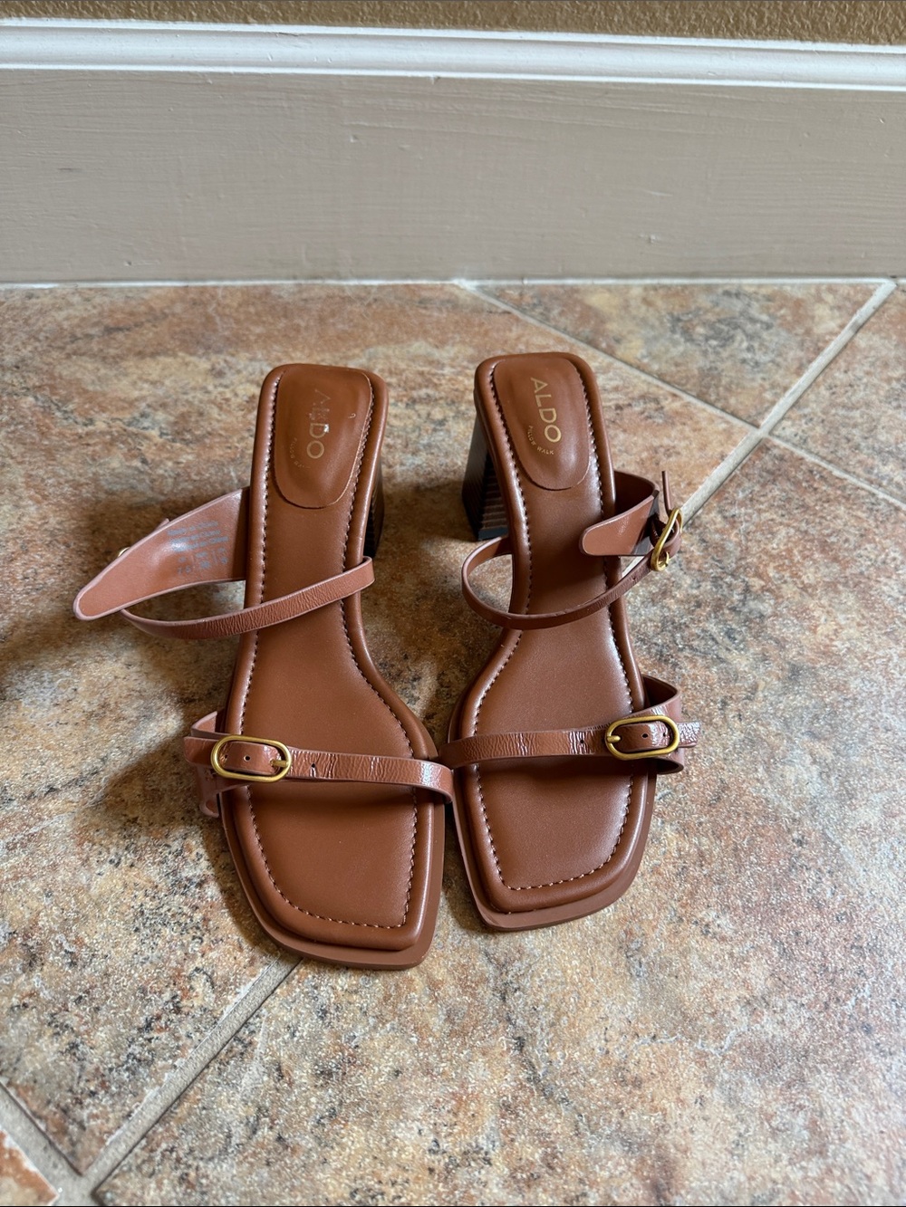 ALDO Brown Strappy Block Heel Sandals with Gold Buckles